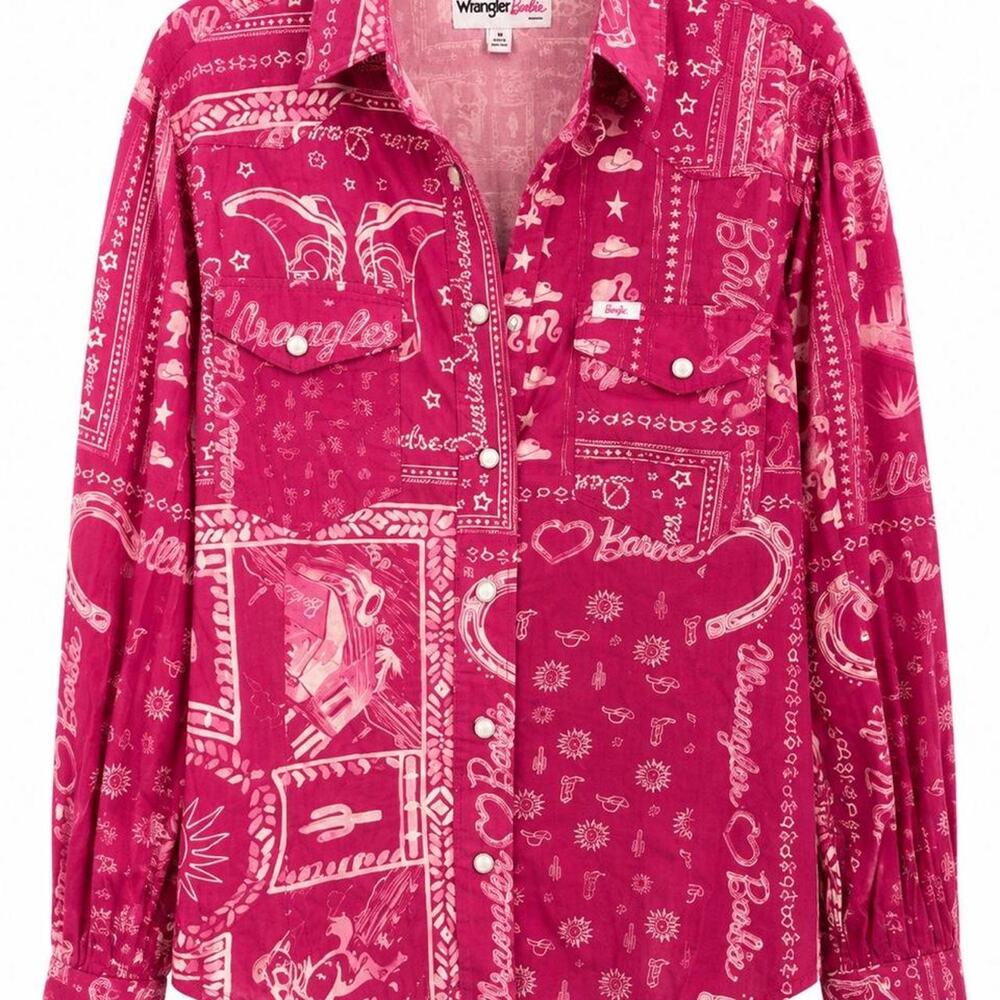 Wrangler x Barbie Western Bandana Print pearl snap Pink Cowgirl Snap Front M